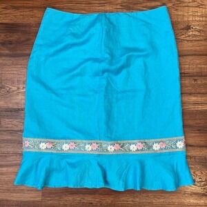Vintage Turquoise Linen Blend Midi Skirt floral Sequins Embroidered Trim Ruffle